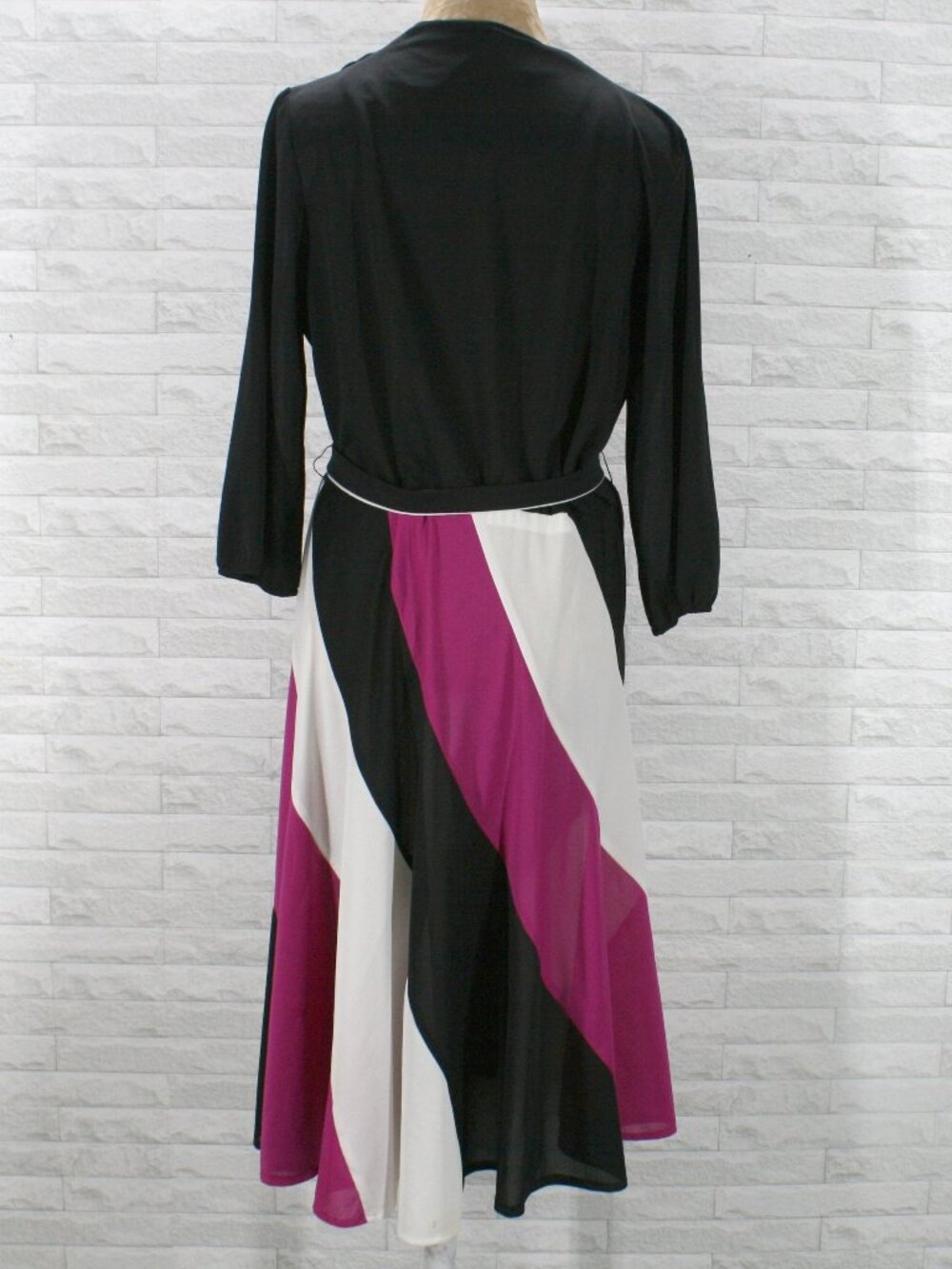 VINTAGE Dress Midi Colorblock Cross Over Striped Skirt Black Pink Plus Size 16 - Picture 4 of 15